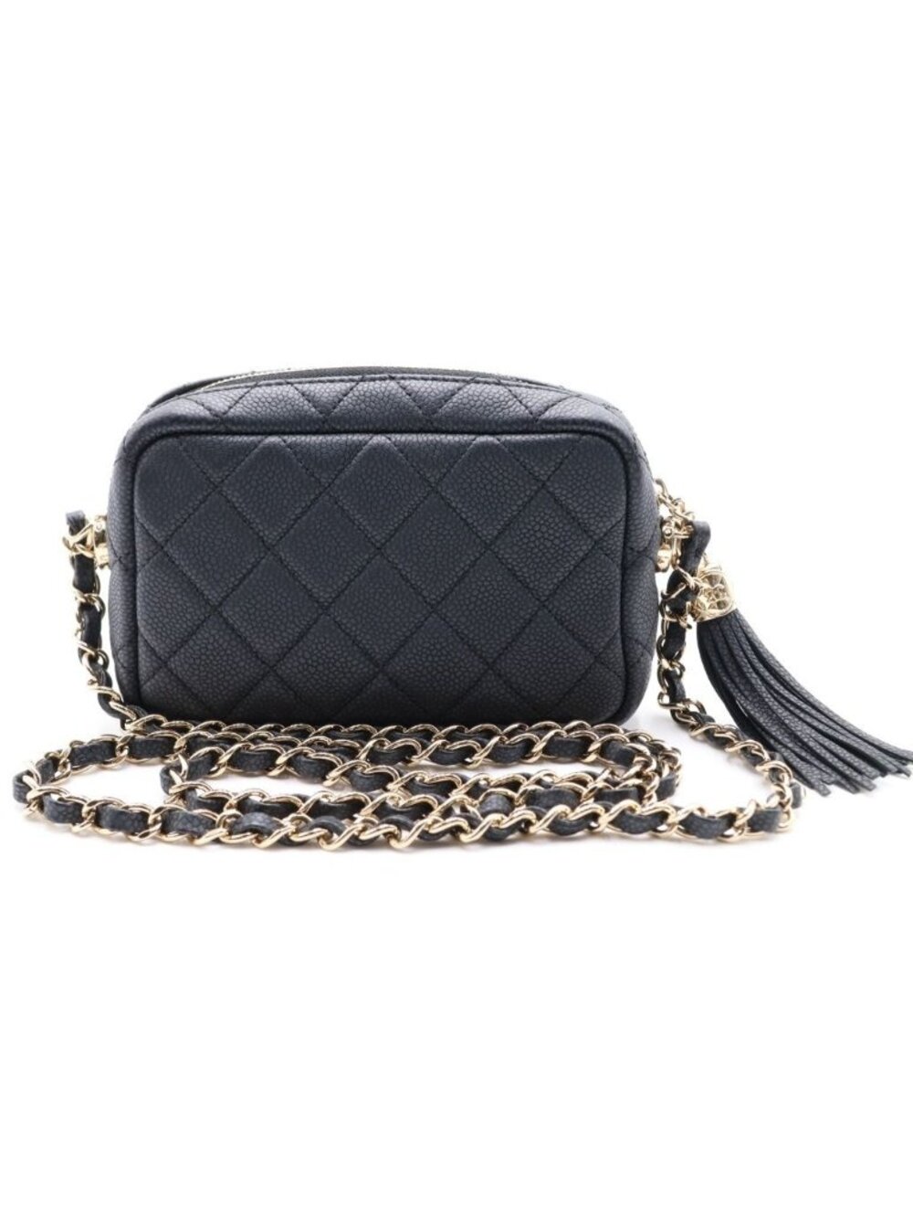 Chanel Quilted Fringe Camera Shoulder Bag Gray Caviar Leather Gold